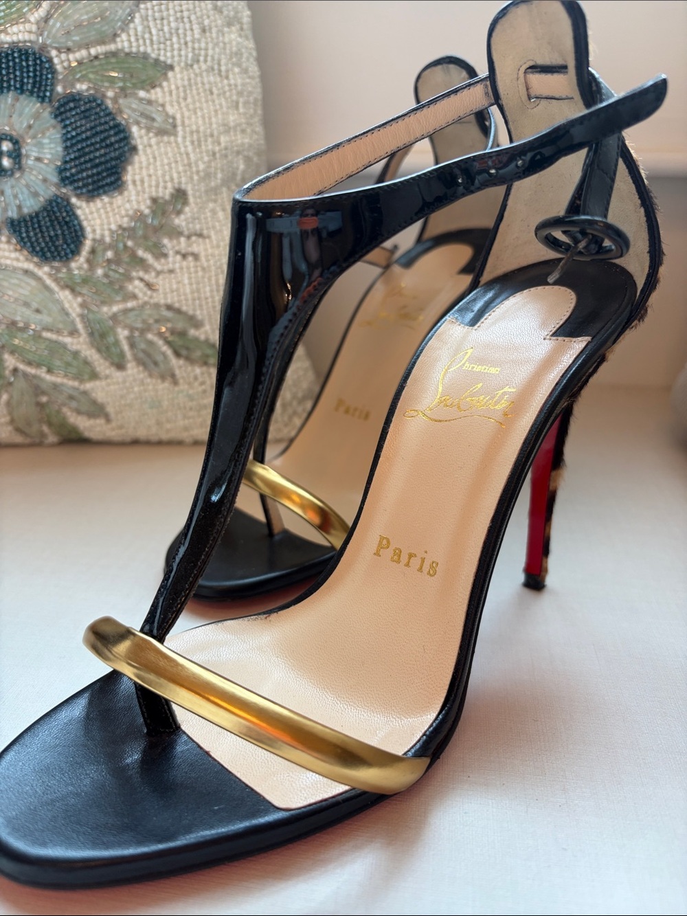 Christian Louboutin Black Patent Leather T-Strap Sandals with Gold Accent
